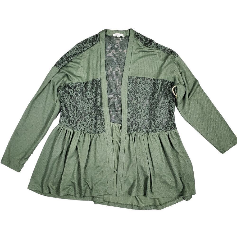 Paper + Tee Green Floral Lace Panels Open Front Cardigan Size 2X Plus